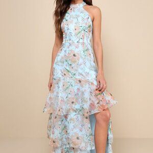 Lulus Forever Exceptional Light Blue Floral Halter Organza Maxi Dress - Size S